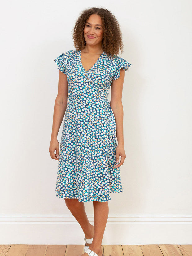 Kite - Womens organic Highcliffe jersey wrap dress daisy fields navy - All-over print - Knee length