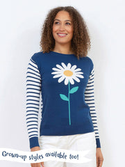 Kite - Girls organic daisy jumper navy blue - Intarsia design - Lightweight knitwear