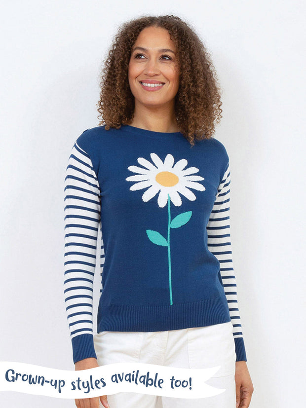 Kite - Girls organic daisy jumper navy blue - Intarsia design - Lightweight knitwear