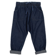 Flat shot of denim carrot pull ups
