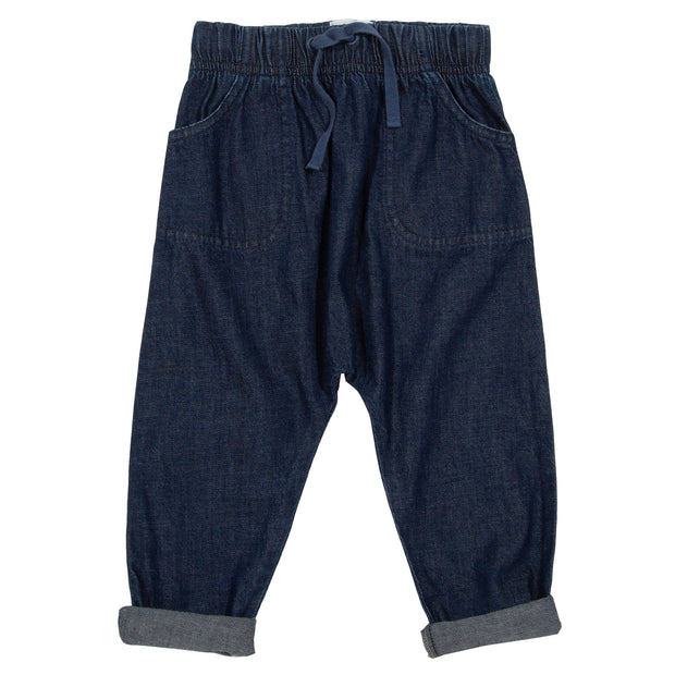 Flat shot of denim carrot pull ups