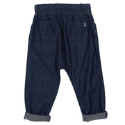 Flat shot of denim carrot pull ups