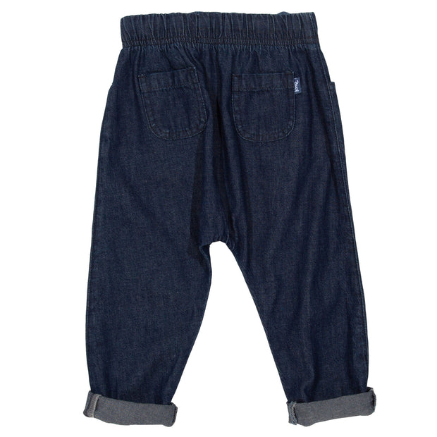 Flat shot of denim carrot pull ups
