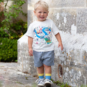 Boy in ticking turn-up shorts