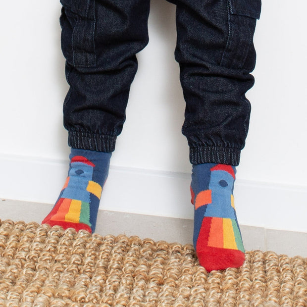 Boy in rainbow rocket socks