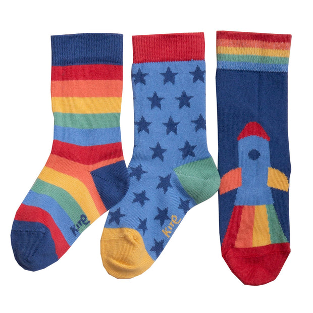 Flat shot of rainbow rocket socks