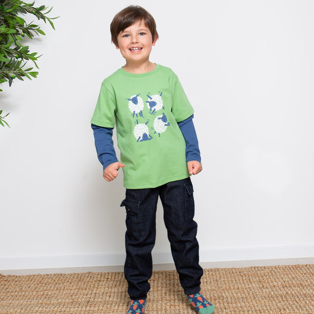 Boy in denim utility pull ons