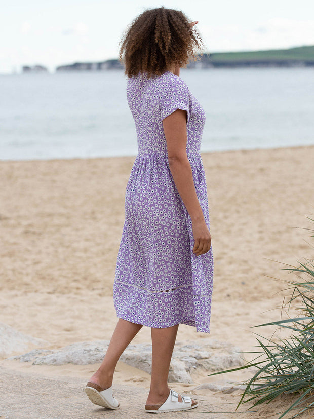 Kite - Womens organic Everley muslin dress Daisy Bell purple - All-over print - Mid-calf length