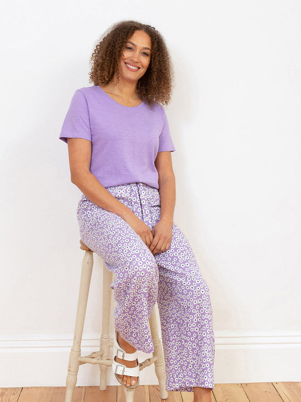 Kite - Womens organic Melbury muslin trousers Daisy Bell purple - All-over print - Elasticated waistband across back