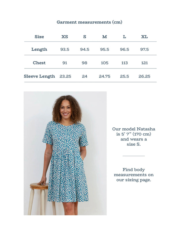 Kite - Womens organic Harbour jersey dress navy - Daisy fields all-over print - Above the knee length