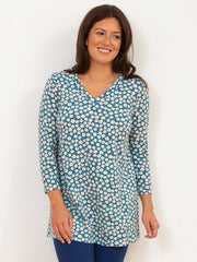 Kite - Womens organic Throop 3/4 sleeve jersey tunic navy - Daisy fields all-over print - V-shaped neckline