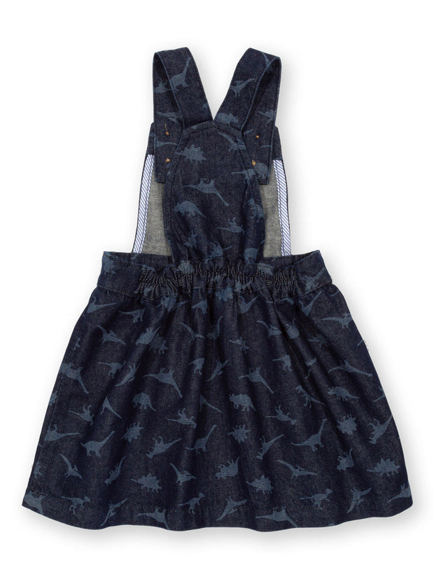 Kite - Girls organic dino denim pinafore navy blue - Light navy etched design - Adjustable straps with coconut buttons