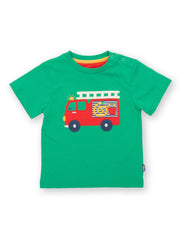 Kite - Boys organic fire engine t-shirt green - Appliqué design - Short sleeved