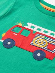 Kite - Boys organic fire engine t-shirt green - Appliqué design - Short sleeved