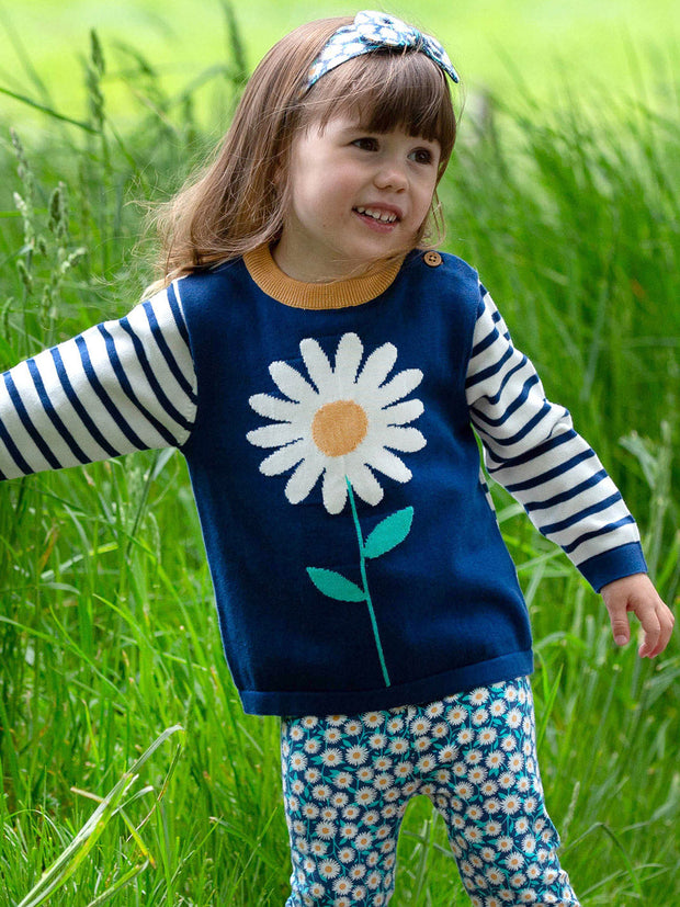 Kite - Girls organic daisy jumper navy blue - Intarsia design - Lightweight knitwear