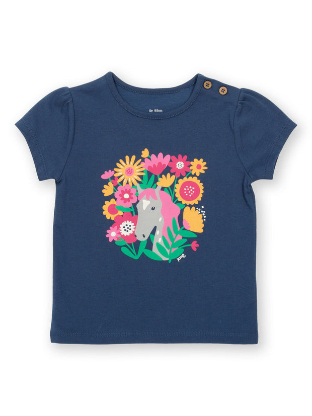 Kite - Girls organic peek-a-pony t-shirt navy blue - Placement print - Short sleeves with gathers