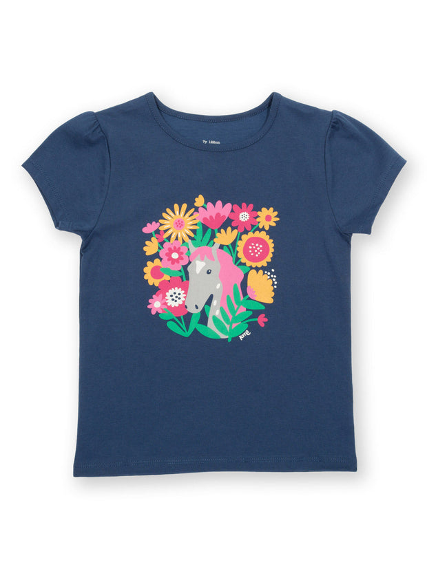 Kite - Girls organic peek-a-pony t-shirt navy blue - Placement print - Short sleeves with gathers