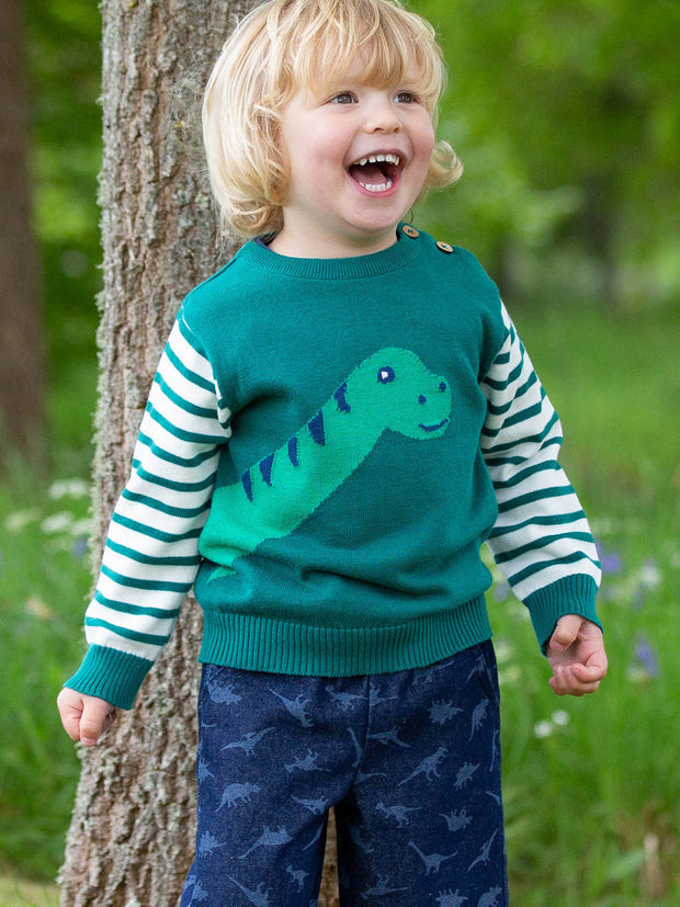 Kite - Boys organic dino jumper green - Intarsia design - Lightweight knitwear