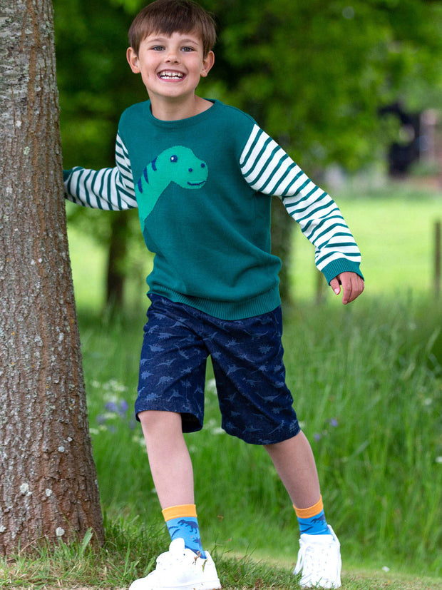 Kite - Boys organic dino jumper green - Intarsia design - Lightweight knitwear