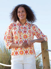 Kite - Womens organic Ashmore poplin shirt orange - Groovy floral all-over print - 3/4 sleeves