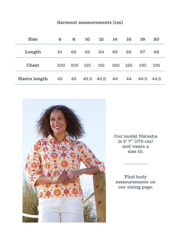 Kite - Womens organic Ashmore poplin shirt orange - Groovy floral all-over print - 3/4 sleeves