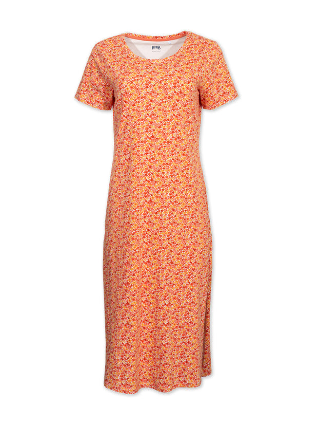 Kite - Womens organic Thornicombe jersey t-shirt dress petal perfume orange - All-over print - Mid-calf length