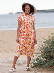 Kite - Womens organic Charlton poplin shirt dress orange - Groovy floral all-over print - Mid-calf length