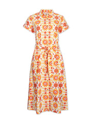 Kite - Womens organic Charlton poplin shirt dress orange - Groovy floral all-over print - Mid-calf length