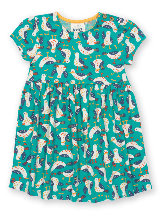 Kite - Girls organic silly seagull dress green - Short sleeves with gathers