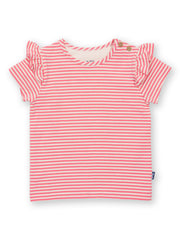 Kite - Girls organic flutterby t-shirt pink - Yarn dyed stripe - Short sleeves with frill detail