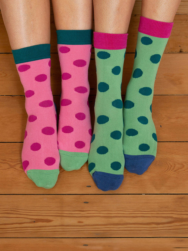 Kite - Womens organic cotton Big dot socks - Green and pink big dot knit design - Two pack