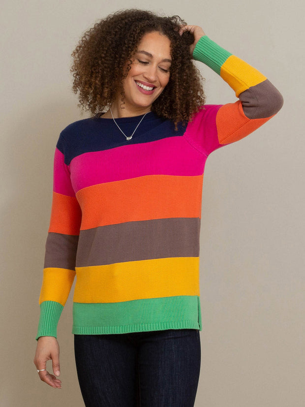 Kite - Womens organic cotton Rockley knit jumper - Rainbow stripe design - Longer line style
