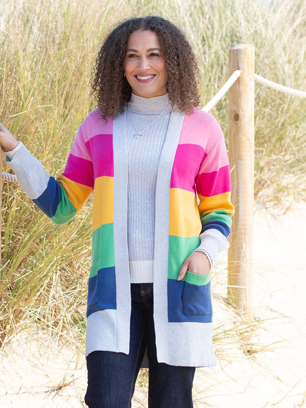 Kite - Womens organic cotton Parley longline knit cardigan - Rainbow stripe design - Midweight knitwear