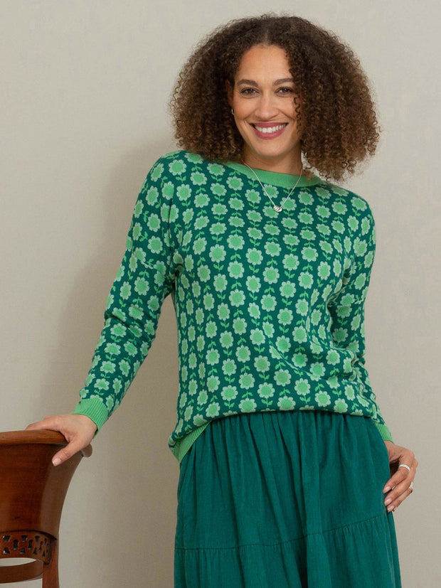 Kite - Womens organic cotton Piddletrenthide knit jumper green - Intarsia flower design - Midweight knitwear