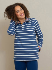Kite - Womens organic cotton Weymouth button neck sweatshirt navy - Yarn dyed stripe - Round neck