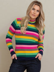 Kite - Womens organic cotton Trigon turtle neck knit top rainbow - Stripe design - Slim fit