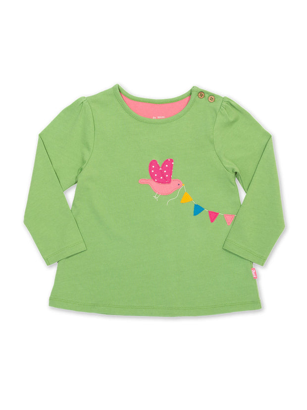 Kite - Girls organic cotton homebird tunic green - Appliqué design - Long sleeved