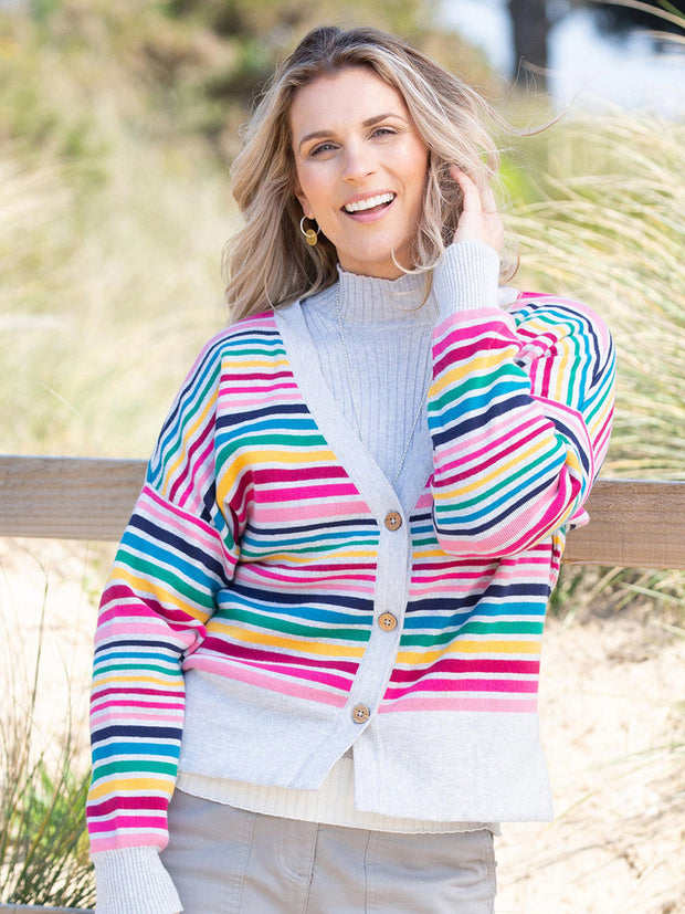 Kite - Womens organic cotton Sandbanks knit cardigan rainbow - Stripe design - Midweight knitwear