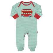 Baby in stripy bus sleepsuit