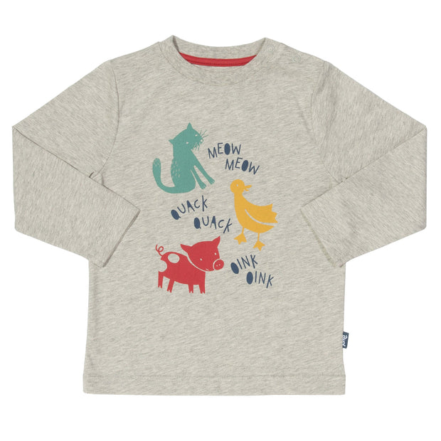 Boy in animal sounds t-shirt